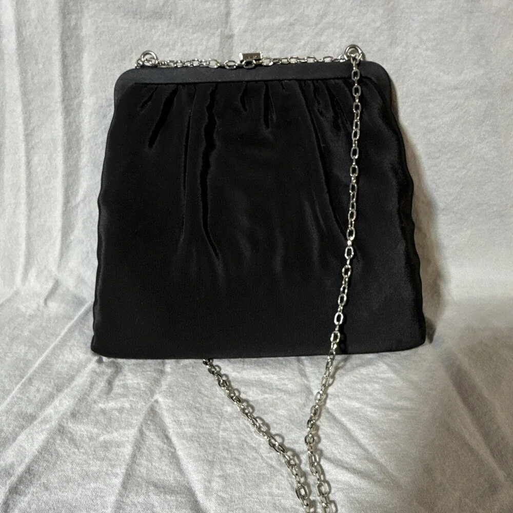 Vintage Admiral 1950s Black Satin Evening Clutch with Silver Chain Strap